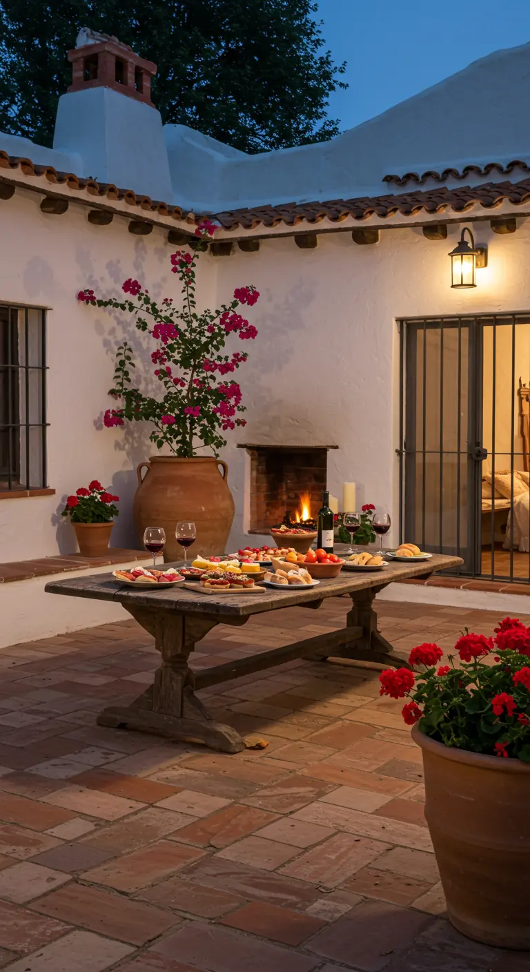 Spaanse patio met witte muren, een buitenhaard en een houten tafel met borrelhapjes.