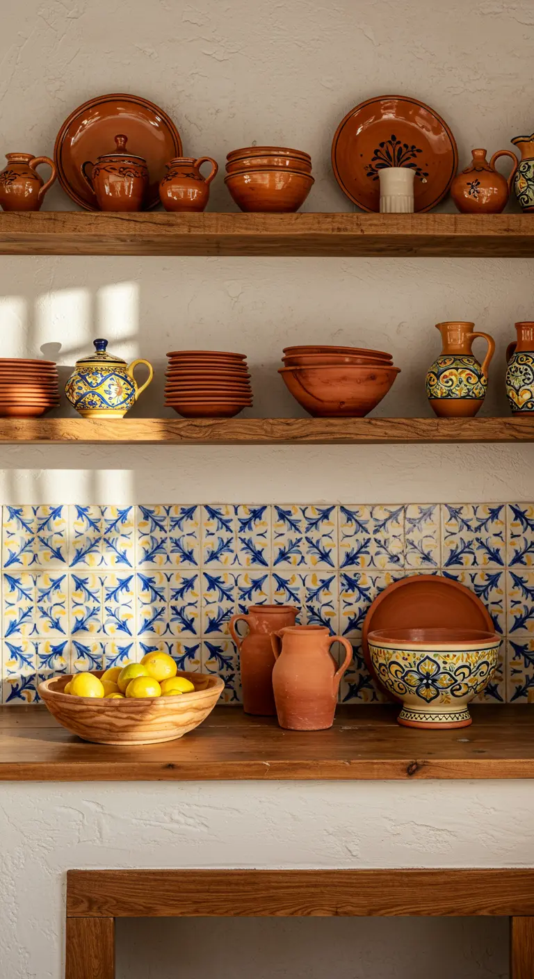 Open houten planken met terracotta servies en een achterwand van blauw-gele tegels.