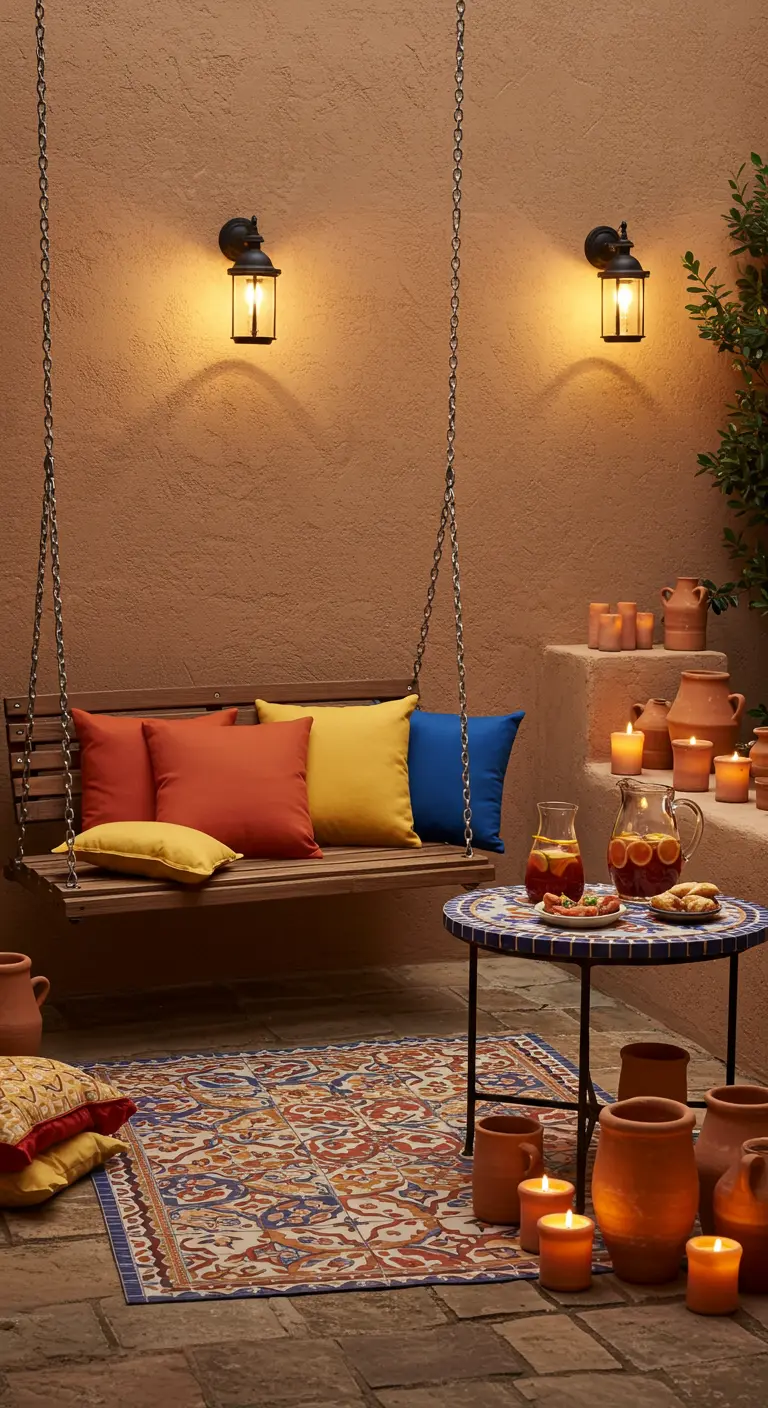 Houten schommelbank tegen een terracotta muur met kleurrijke kussens en een mozaïektafeltje.