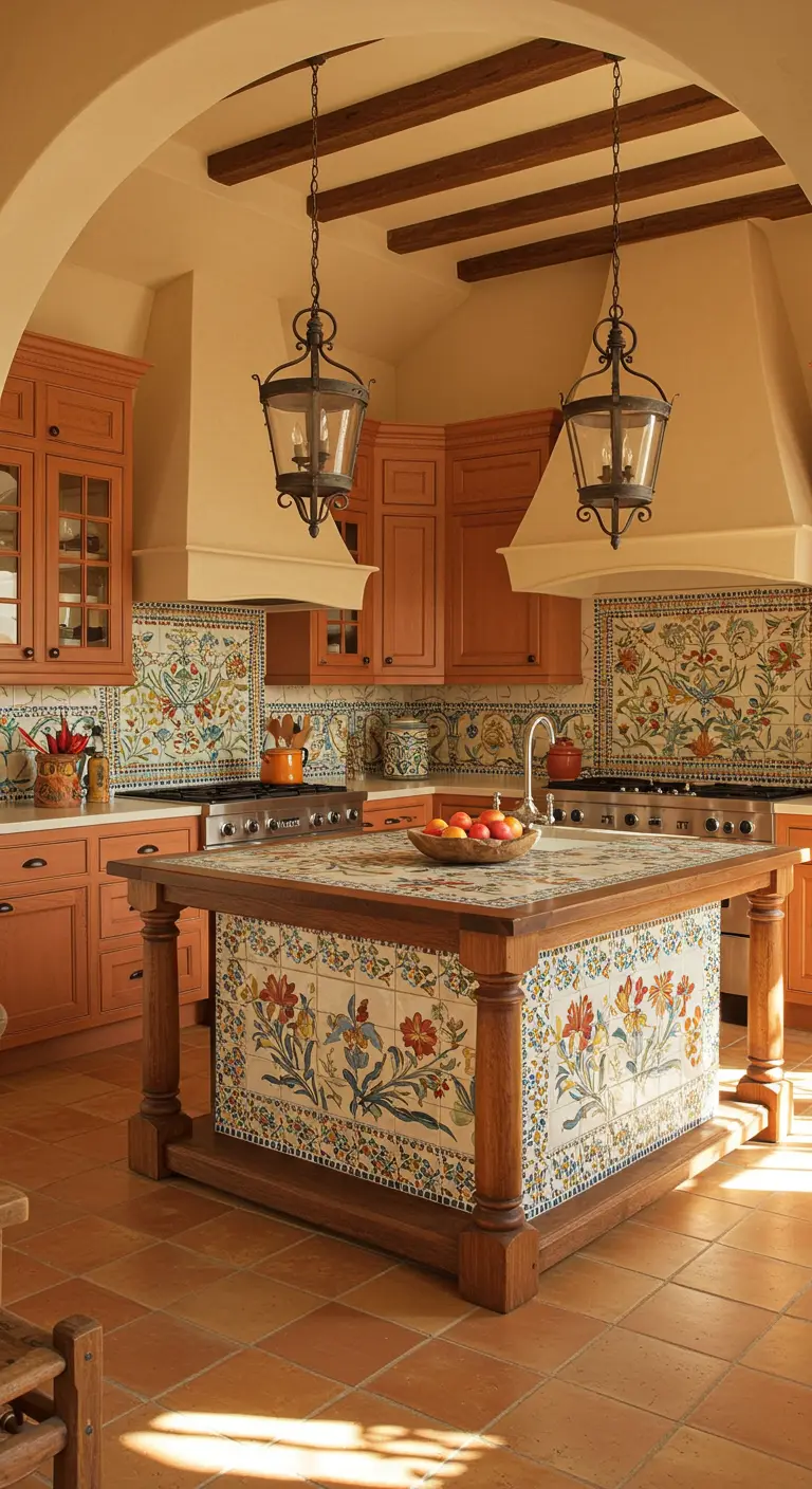 Mediterrane keuken met terracotta tegels, houten kasten, betegeld eiland en smeedijzeren lampen.