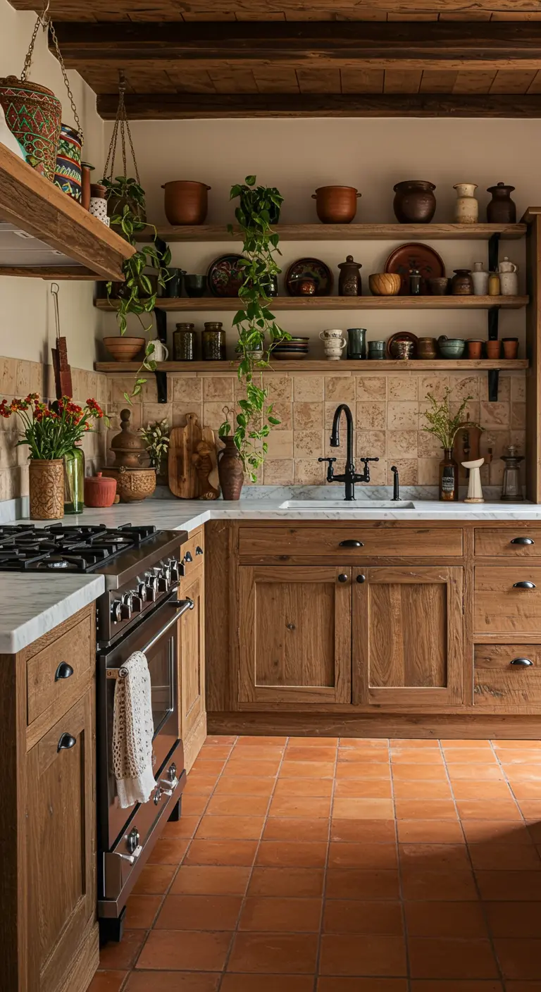 Rustieke keuken met houten kasten, terracotta vloer en veel aardewerk op planken.