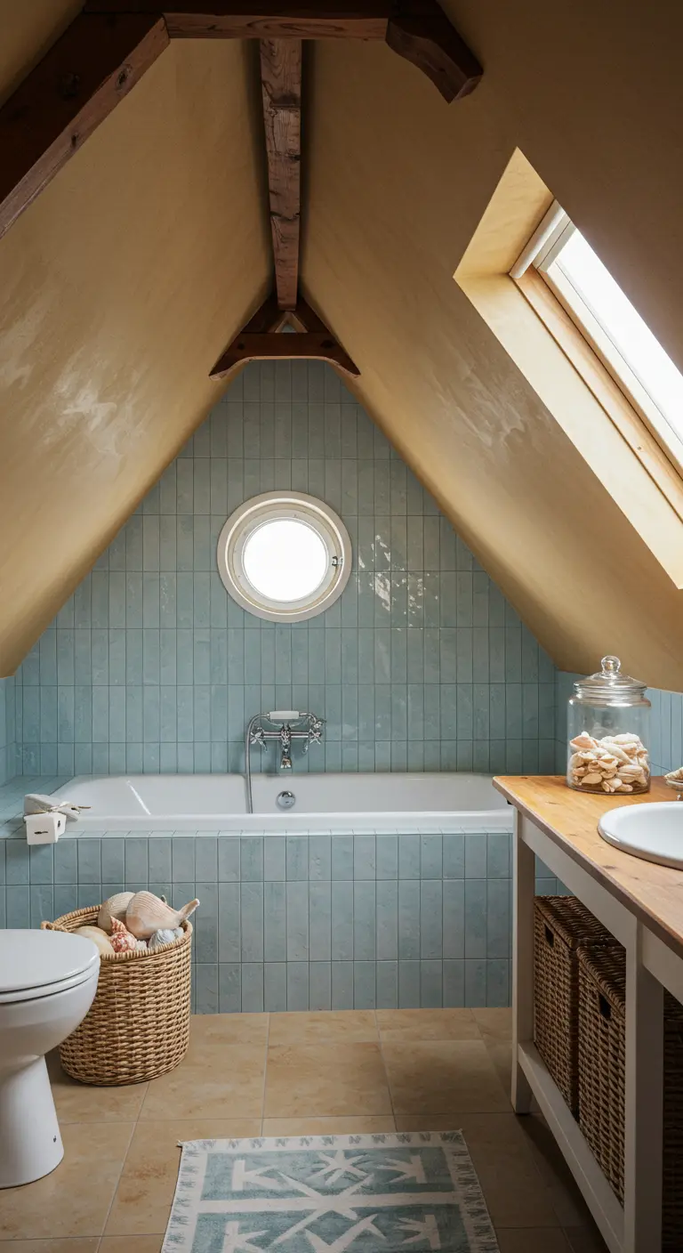 Zolderbadkamer met lichtblauwe tegels en okergele muren onder houten balken.