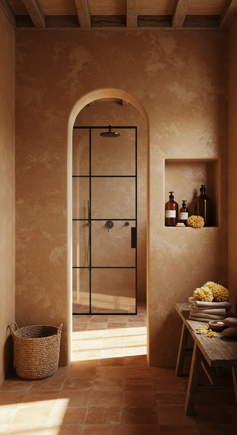Mediterrane badkamer met terracottakleurige muren en een zwarte douchedeur.