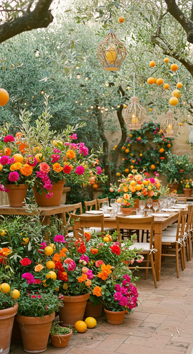 Mediterrane tuinsetting met citrusbomen, kleurrijke bloemen in terracotta potten en lichtslingers.
