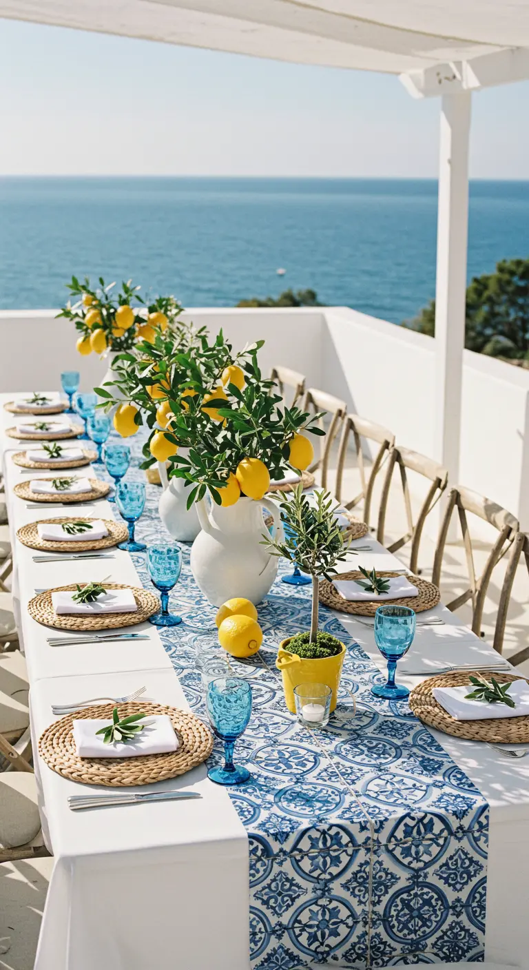 Zomerse tafel met citroenen, blauwe glazen en tegelpatroon loper.