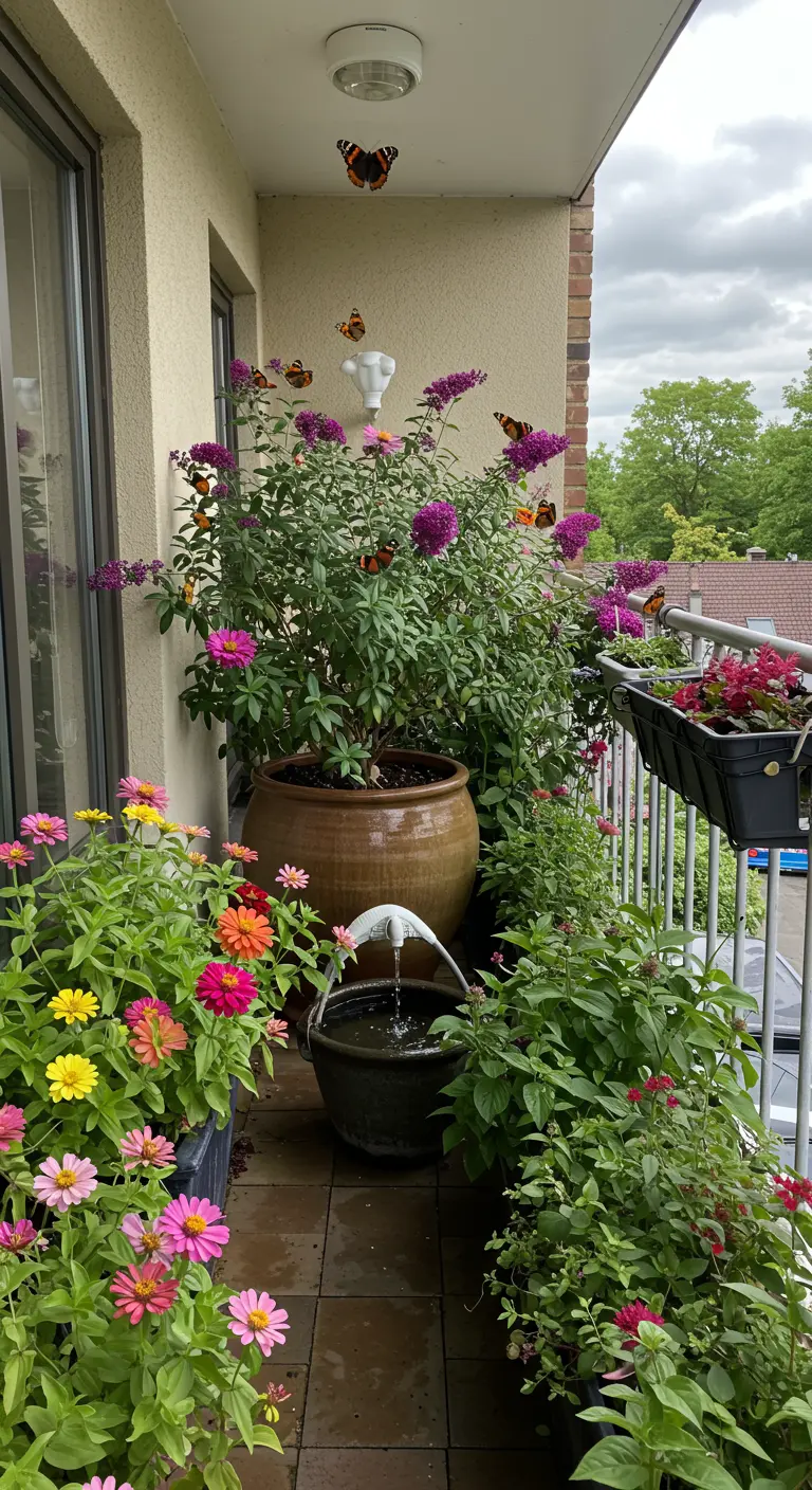 Weelderig balkon vol bloemen, met een grote vlinderstruik en een klein waterornament.