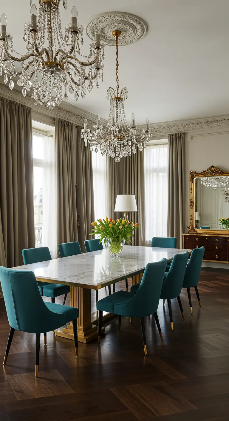 Luxe eetkamer met donkerhouten vloer, marmeren tafel, turquoise fluwelen stoelen en twee kristallen kroonluchters.