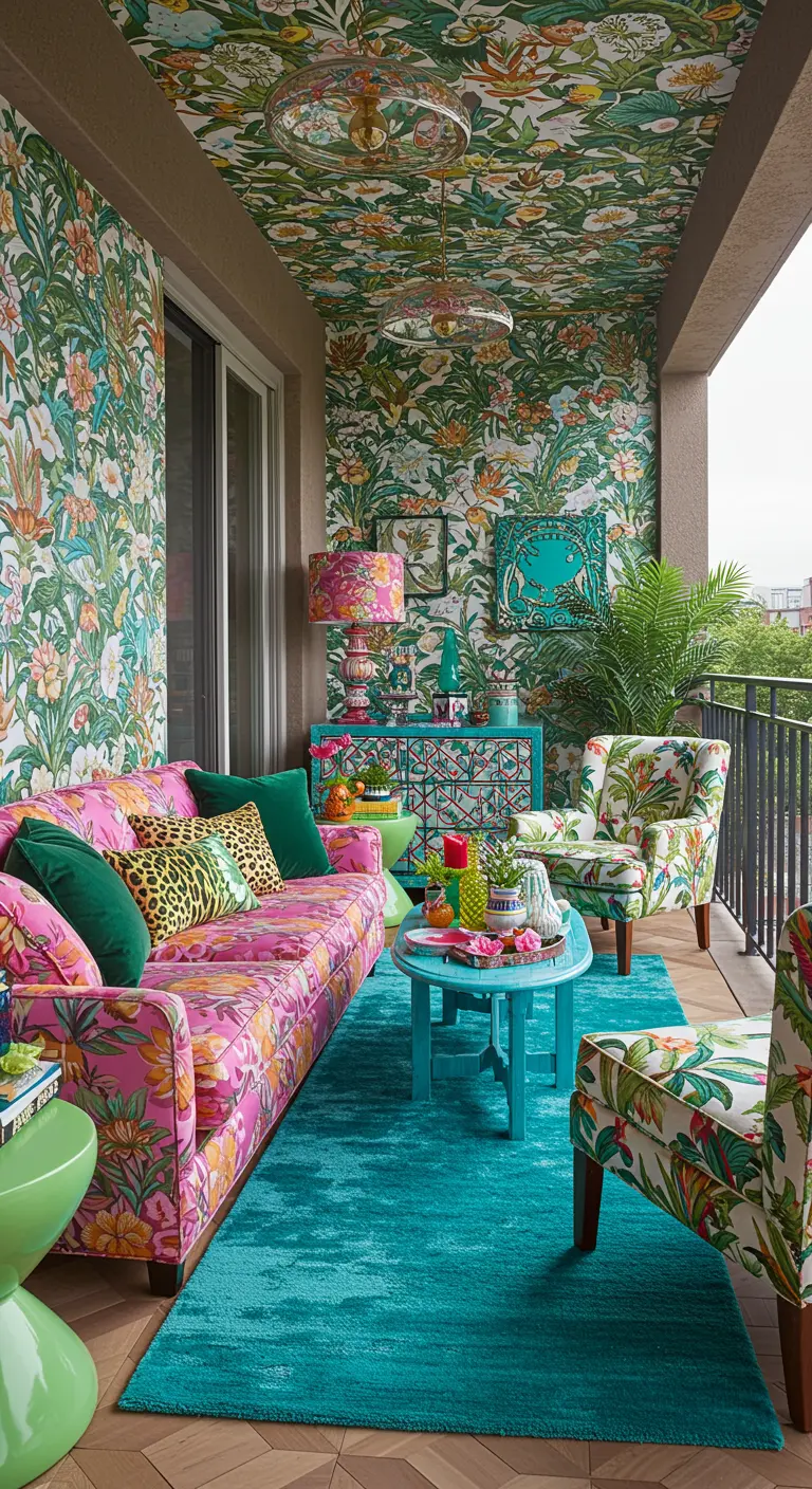 Maximalistisch balkon met botanisch behang, roze bank en een mix van kleurrijke prints.