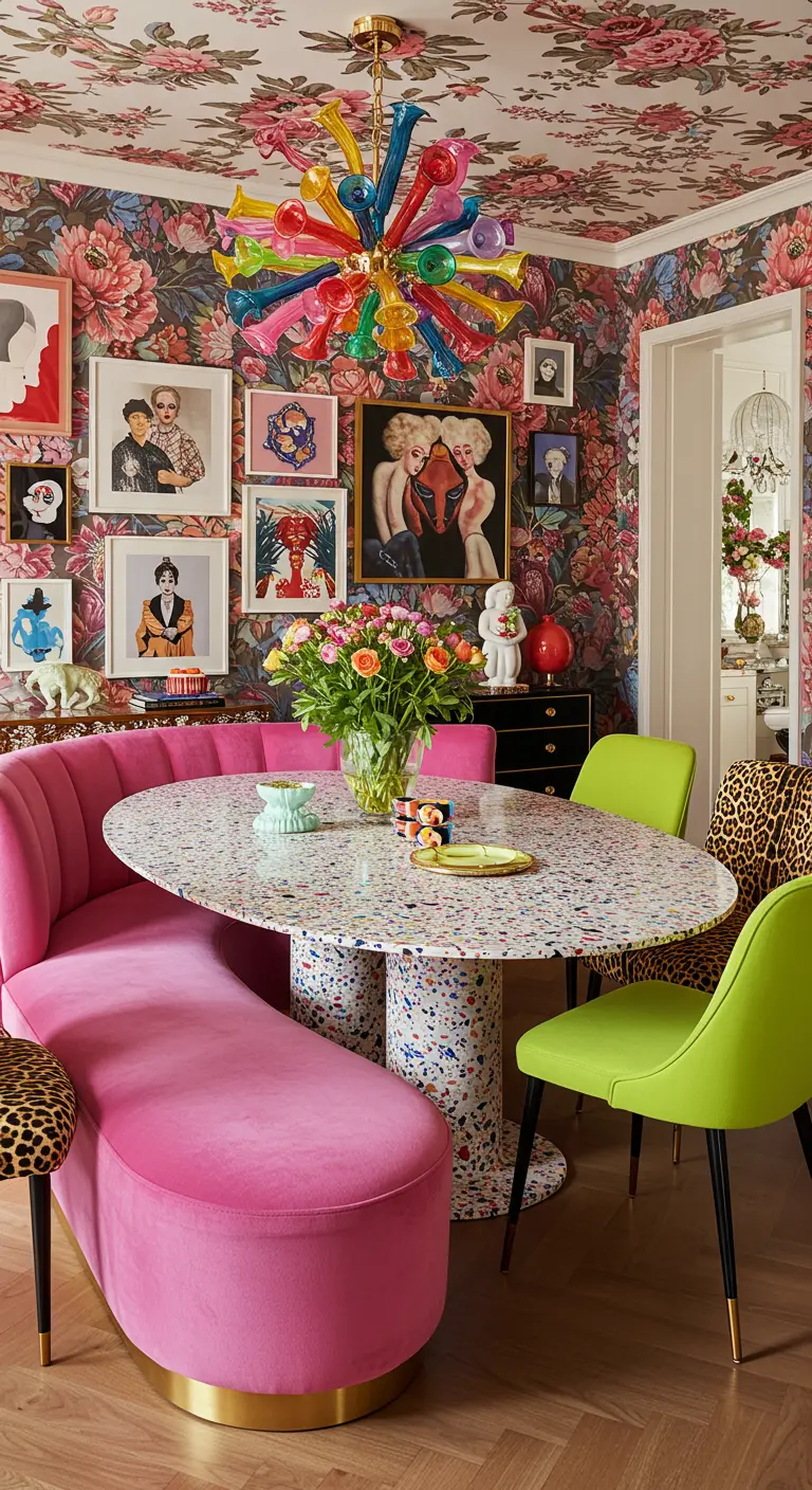 Maximalistische eetkamer met roze fluwelen bank, terrazzo tafel en bloemenbehang.