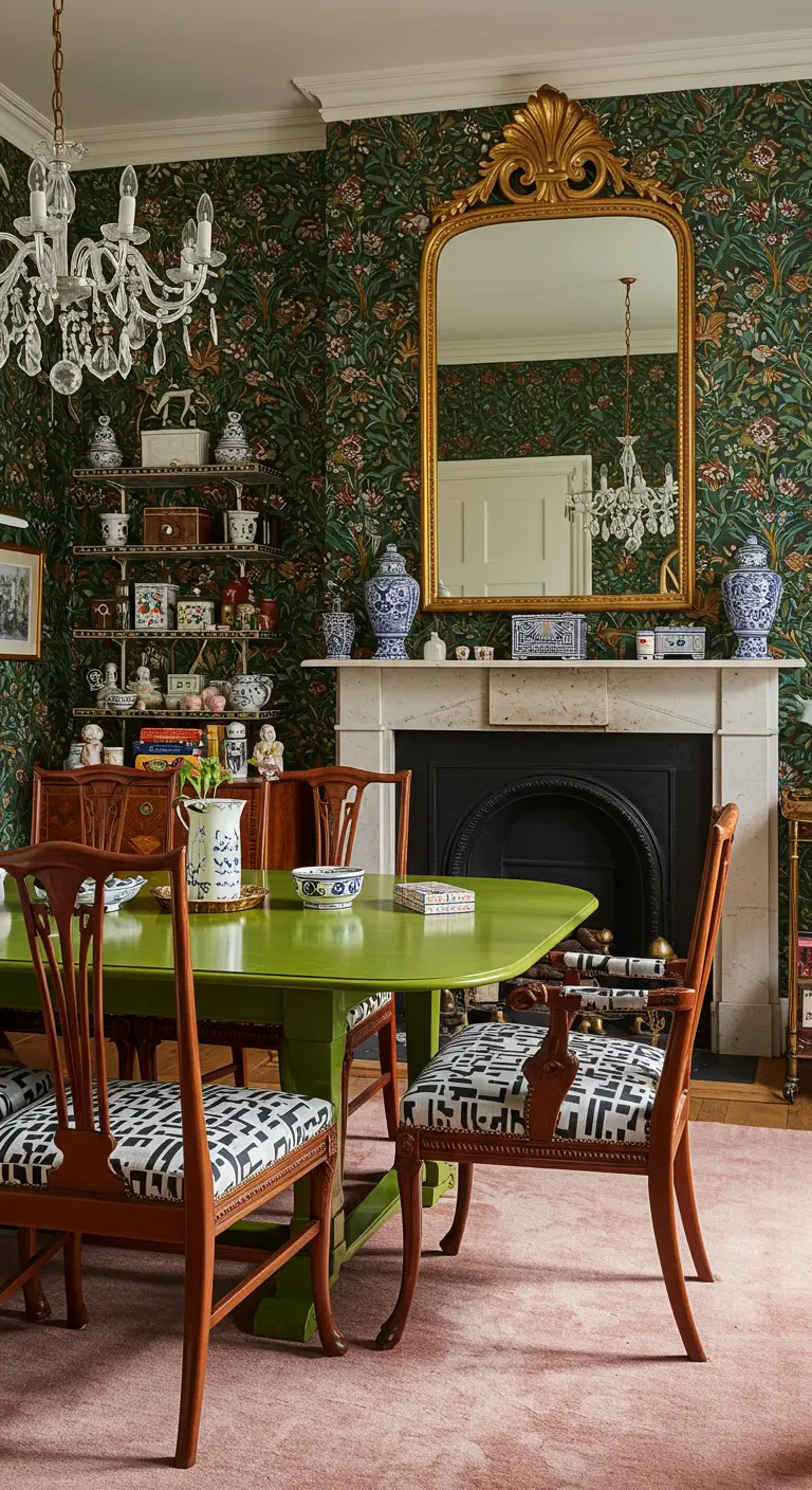 Eclectische eetkamer met donkergroen bloemenbehang, een felgroene tafel en een mix van antiek en modern.