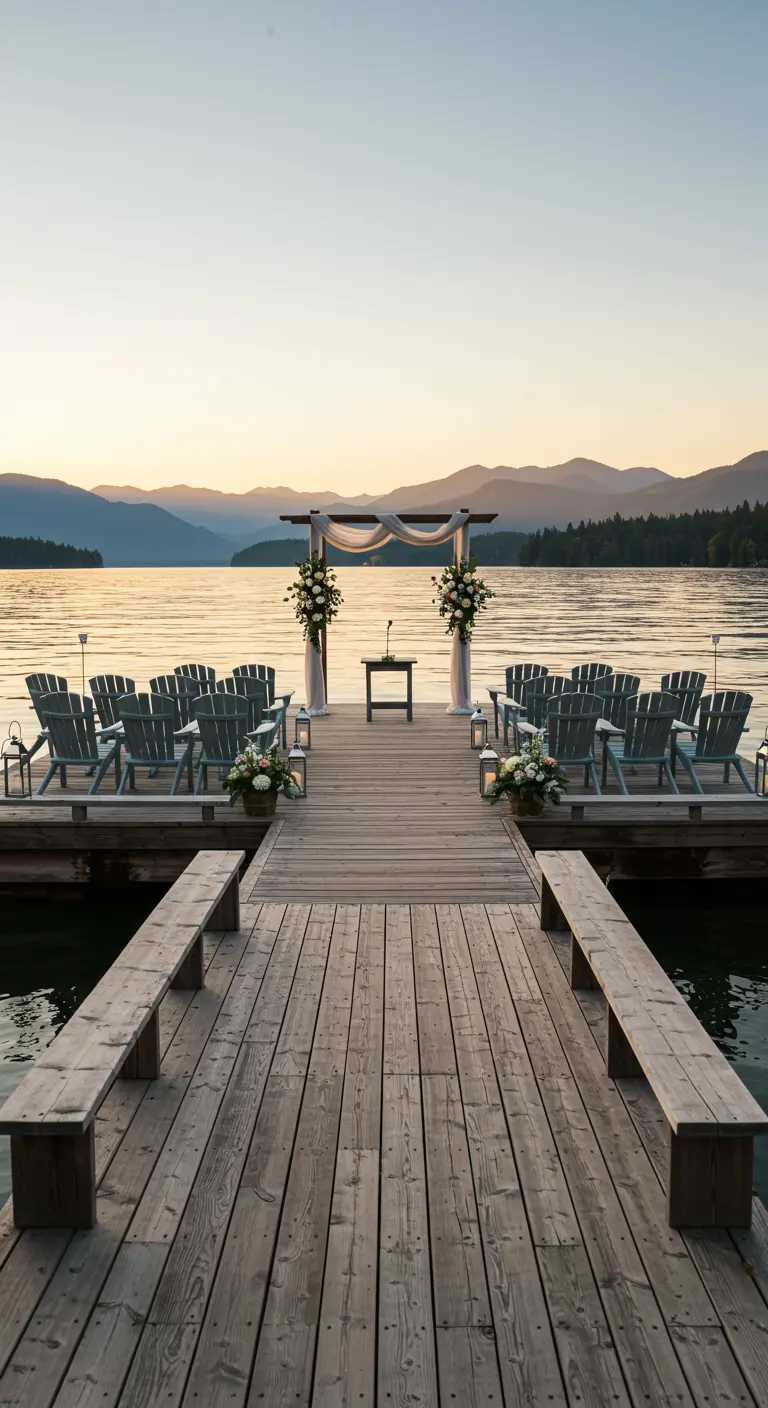 Ceremonie op steiger aan meer met Adirondack stoelen en een eenvoudige bloemenboog.