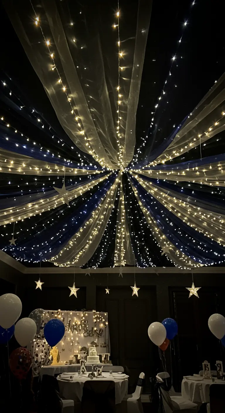 Plafond met donkerblauwe en witte tule en lichtslingers die vanuit het midden stralen.