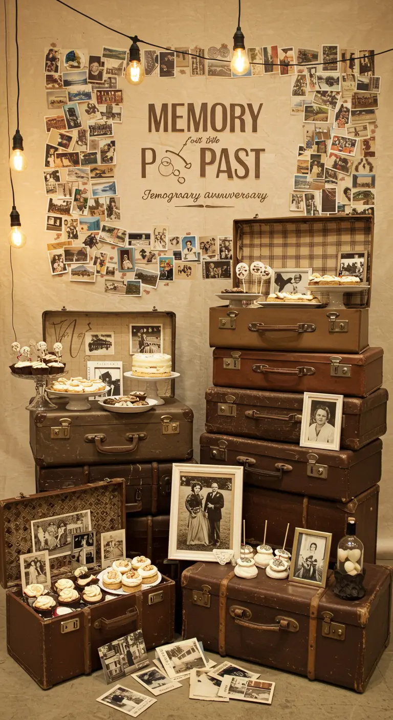 Feestdecor met vintage koffers, oude foto's en lichtsnoeren.