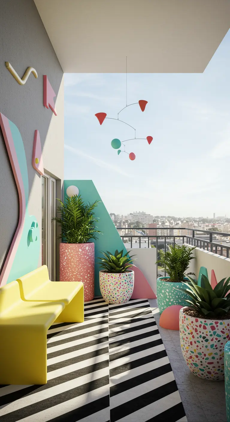 Balkon in Memphis-stijl met felle kleuren, een gestreept kleed en terrazzo plantenpotten.