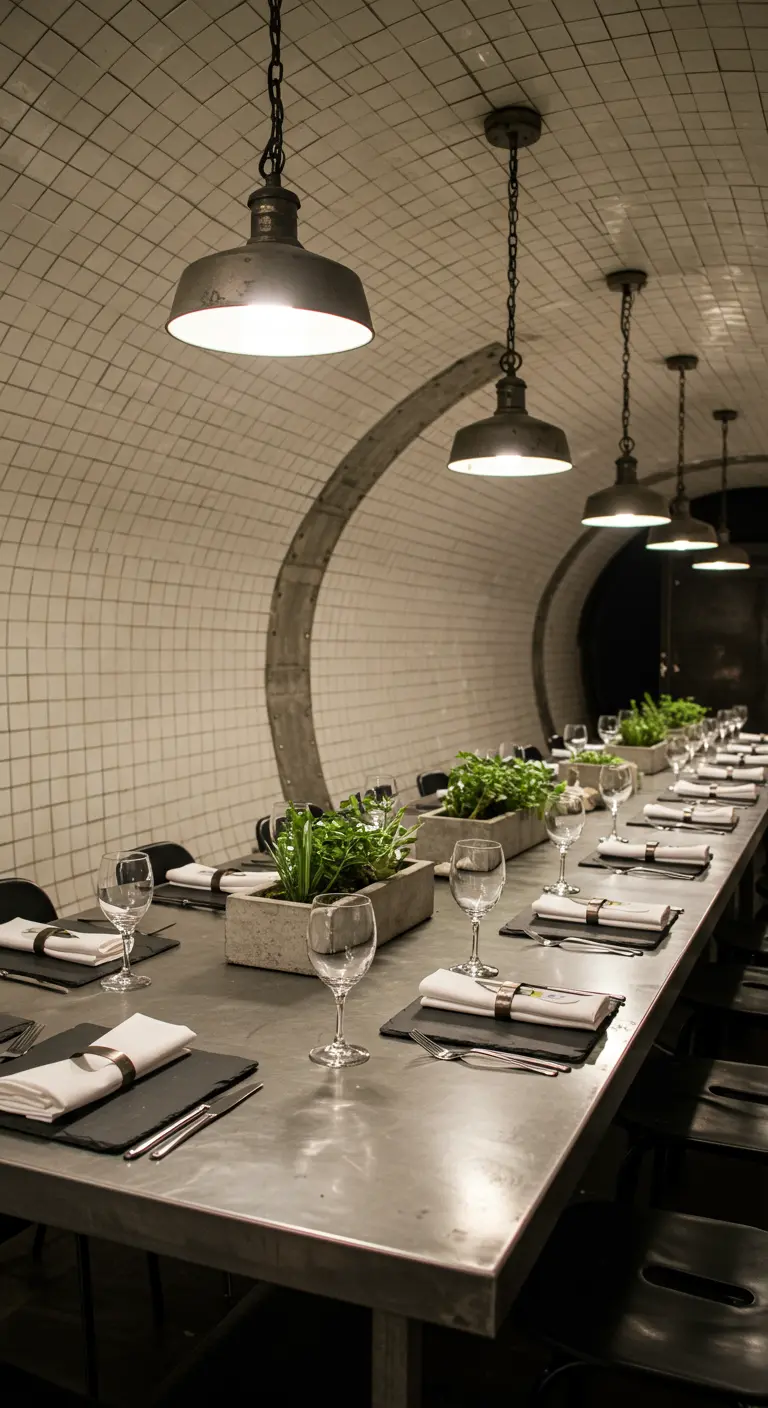 Lange metalen tafel met groene planten in een witte, tunnelvormige ruimte met industriële lampen.
