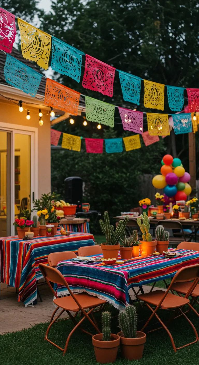 Kleurrijk Mexicaans feest in een tuin met papel picado, gestreepte tafelkleden en cactussen.