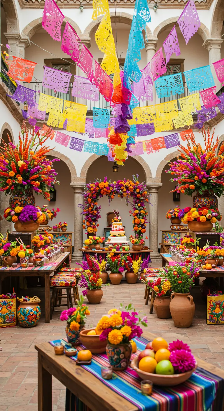 Kleurrijke Mexicaanse fiesta decoratie met papel picado, felle bloemen en fruit.