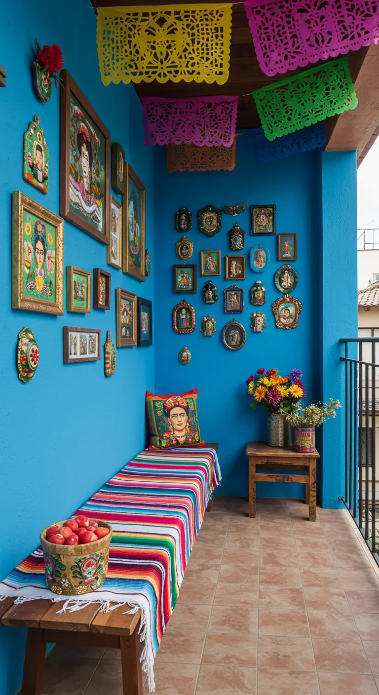Balkon in Mexicaanse stijl met blauwe muur, gallery wall en kleurrijke textiel.