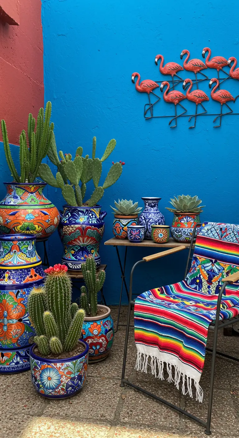 Zithoek in Mexicaanse stijl met blauwe muur, kleurrijke potten, cactussen en een gestreepte deken.