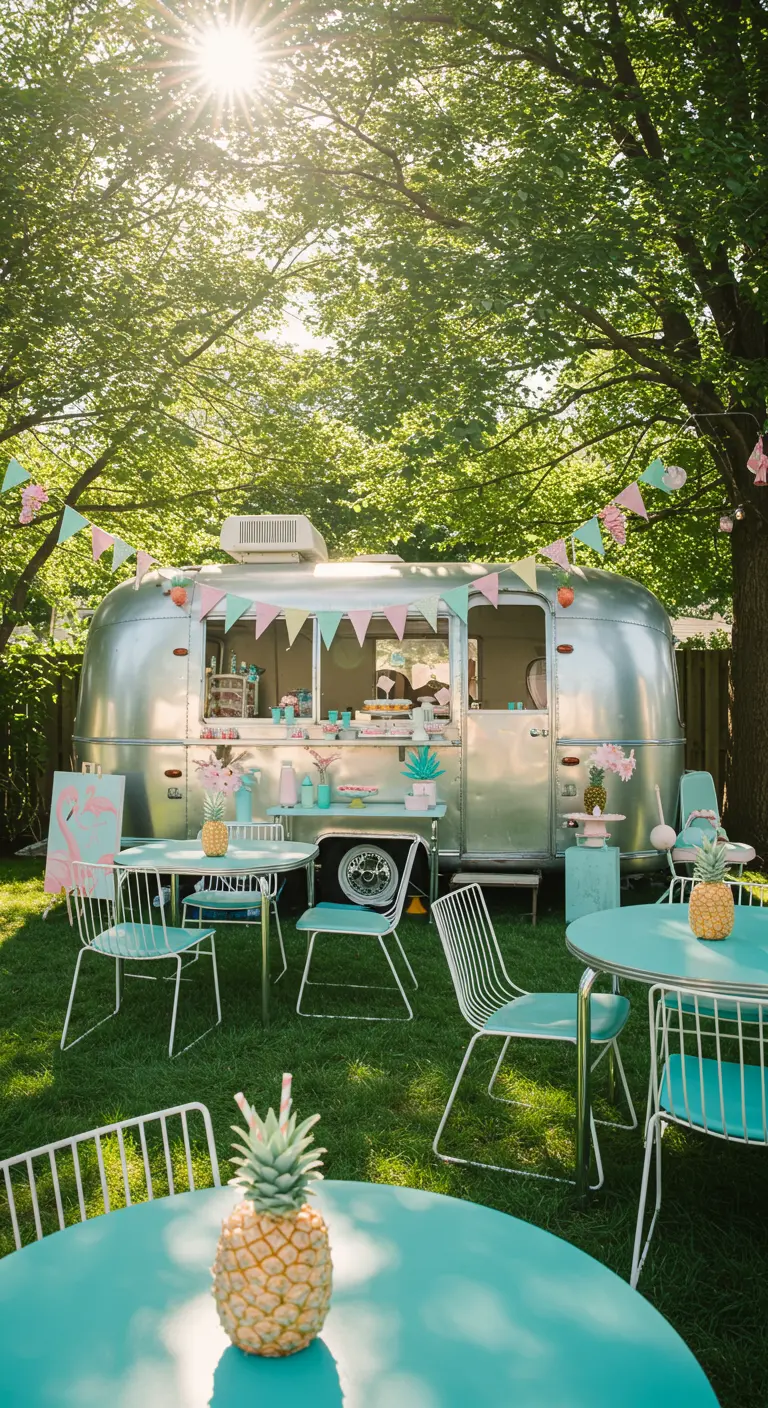 Zilveren foodtruck in een tuin met turquoise meubels en ananasdecoratie.