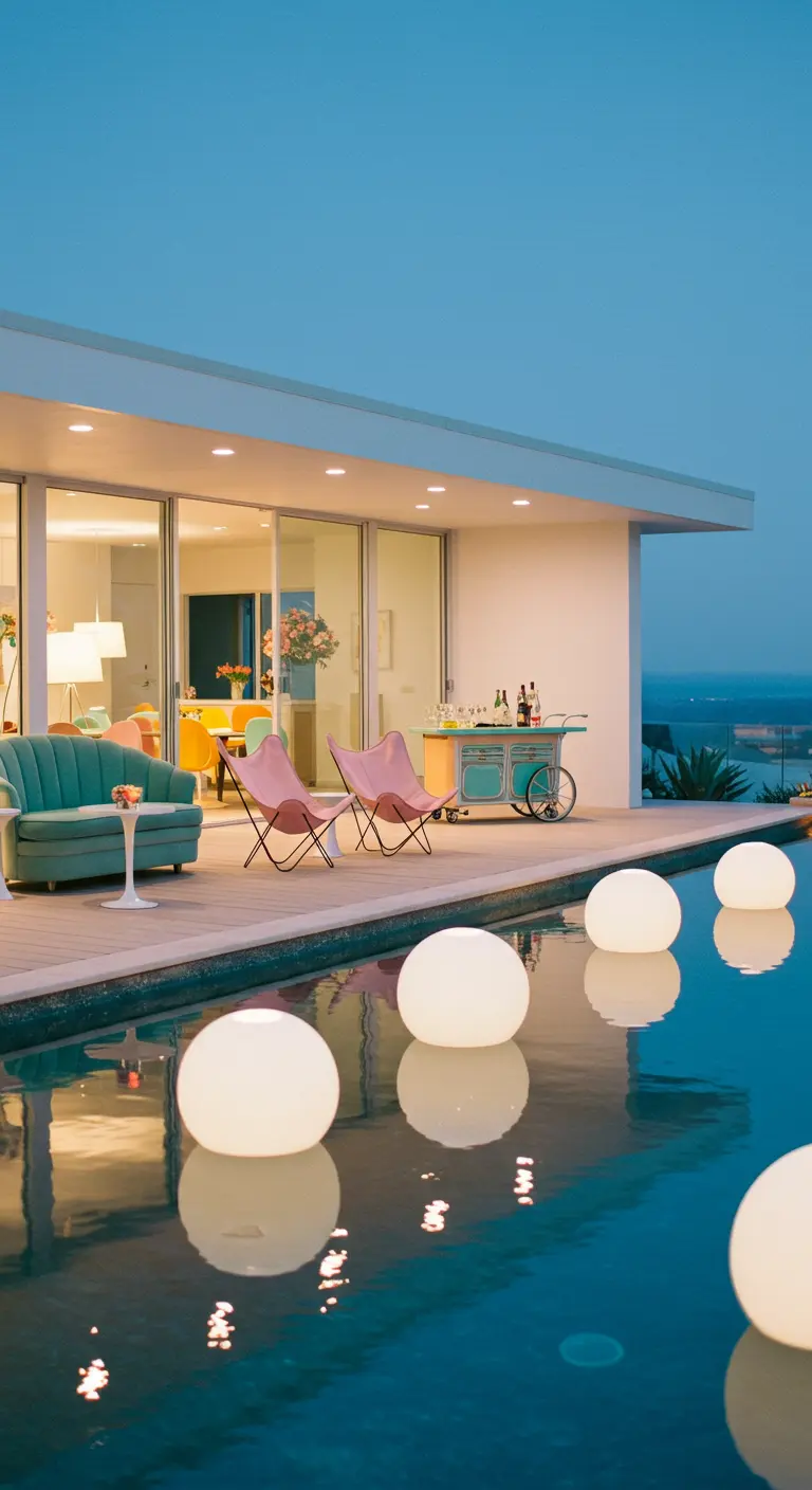 Modern terras bij een zwembad met vintage mid-century meubels en lichtgevende bollen in het water.