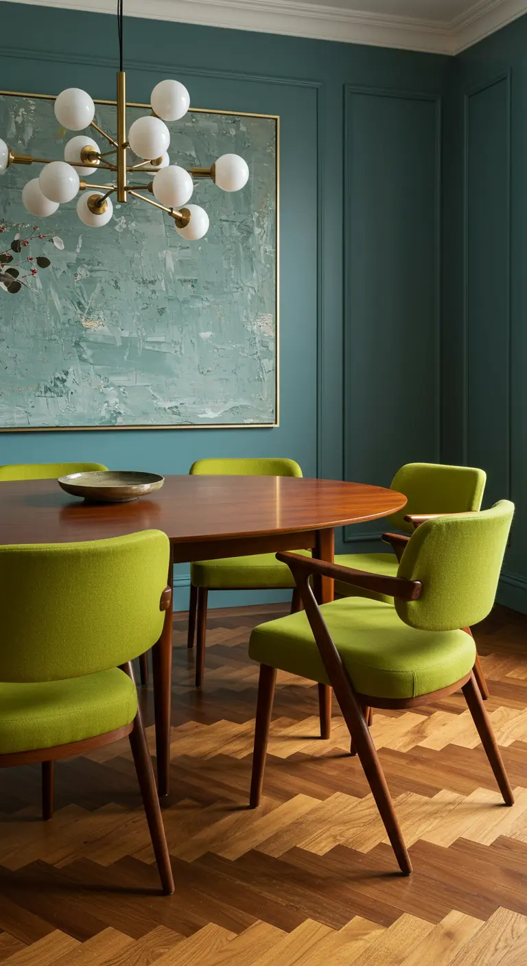 Mid-century eetkamer met groene muur, mosgroene stoelen, ronde houten tafel en messing lamp.