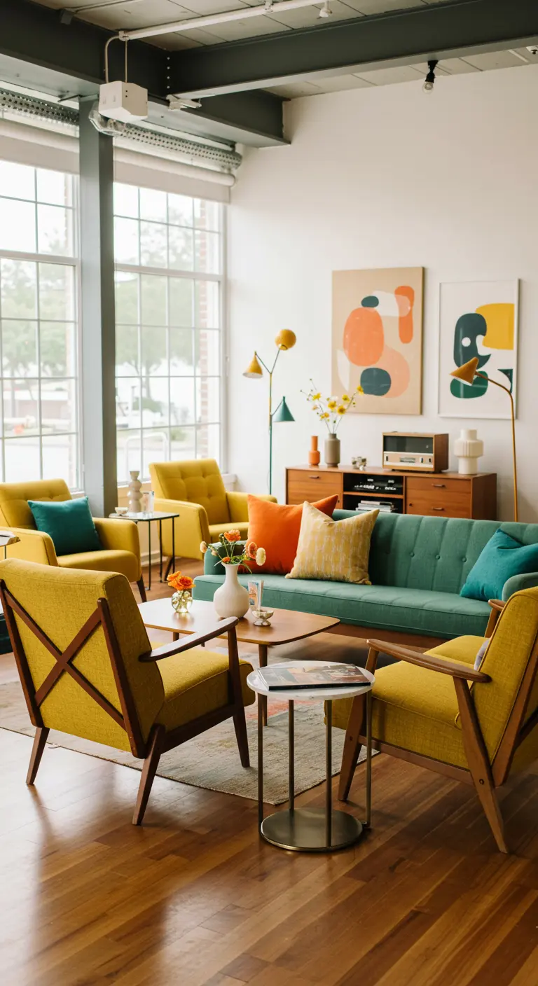 Mid-century moderne lounge met gele stoelen, teal bank en kleurrijke kunstwerken.