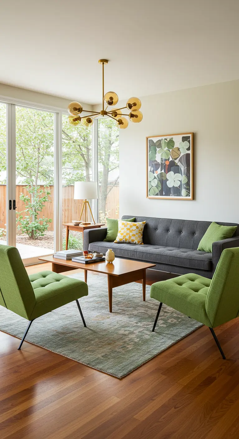 Mid-century woonkamer met grijze bank, saliegroene fauteuils en amberkleurige hanglamp