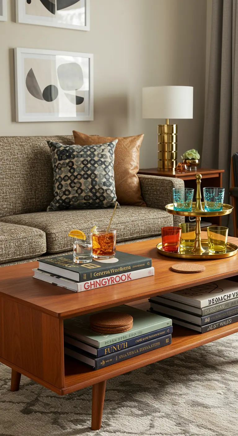 Mid-century modern salontafel met gestapelde boeken, drankjes en een etagère.