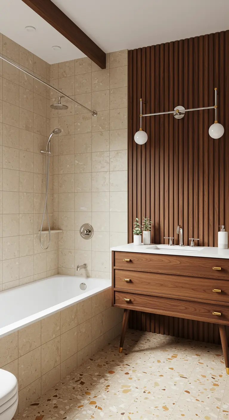 Badkamer in Mid-Century stijl met een houten lattenwand, terrazzo vloer en beige tegels.