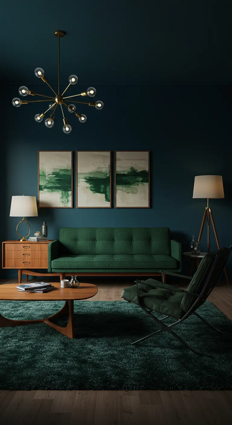 Mid-century woonkamer met nachtblauwe muren, een groene bank, houten meubels en abstracte kunst.