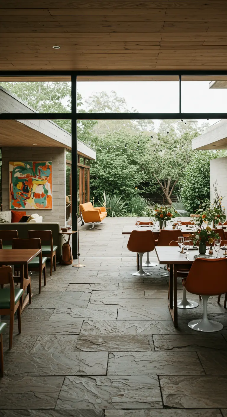 Bruiloftsreceptie in een modern huis met mid-century meubels en abstracte kunst.