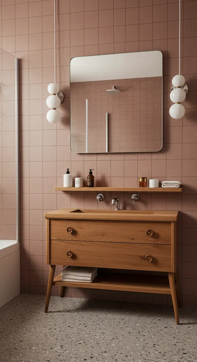 Badkamer met poederroze tegels, een houten mid-century meubel en bolvormige lampen.