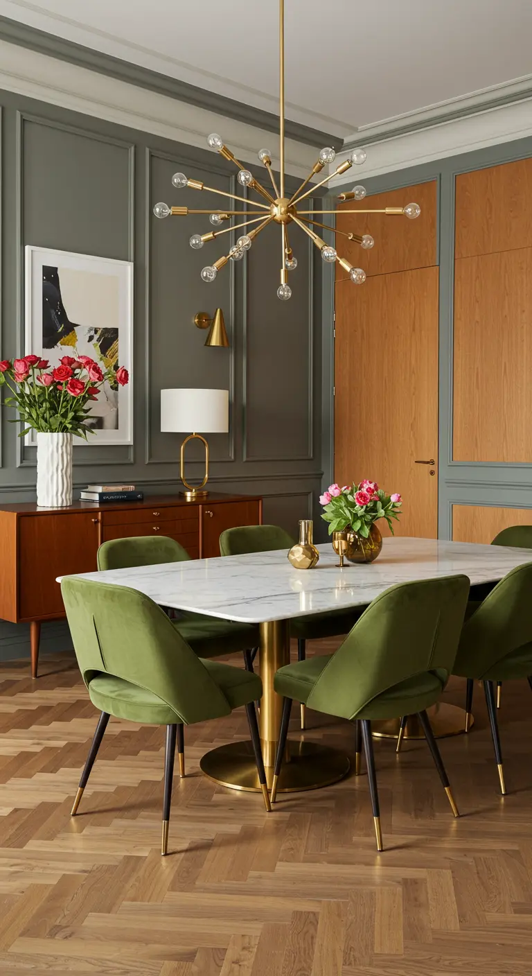 Mid-century moderne eetkamer met groene muren, olijfgroene stoelen, een marmeren tafel en een gouden sputnik kroonluchter.