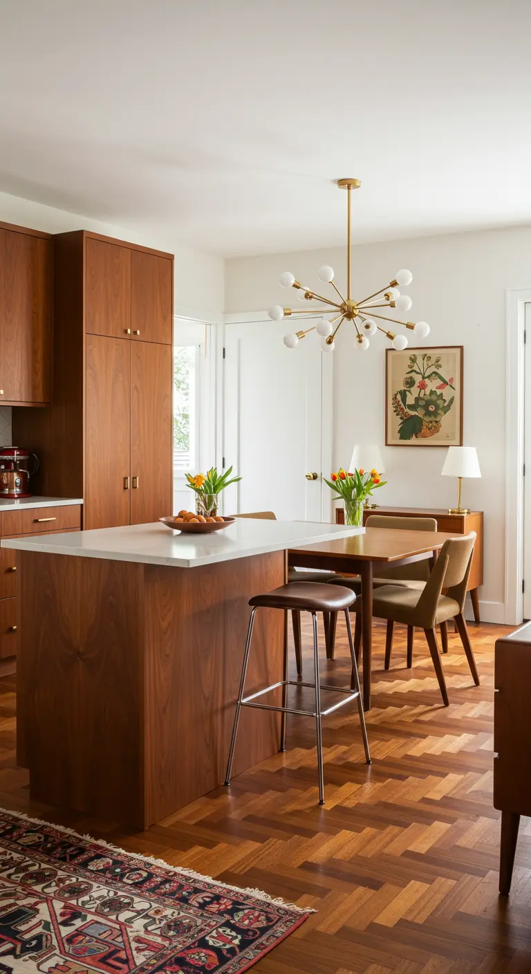 Mid-century moderne keuken met walnoothouten kasten, wit eiland en een gouden kroonluchter.