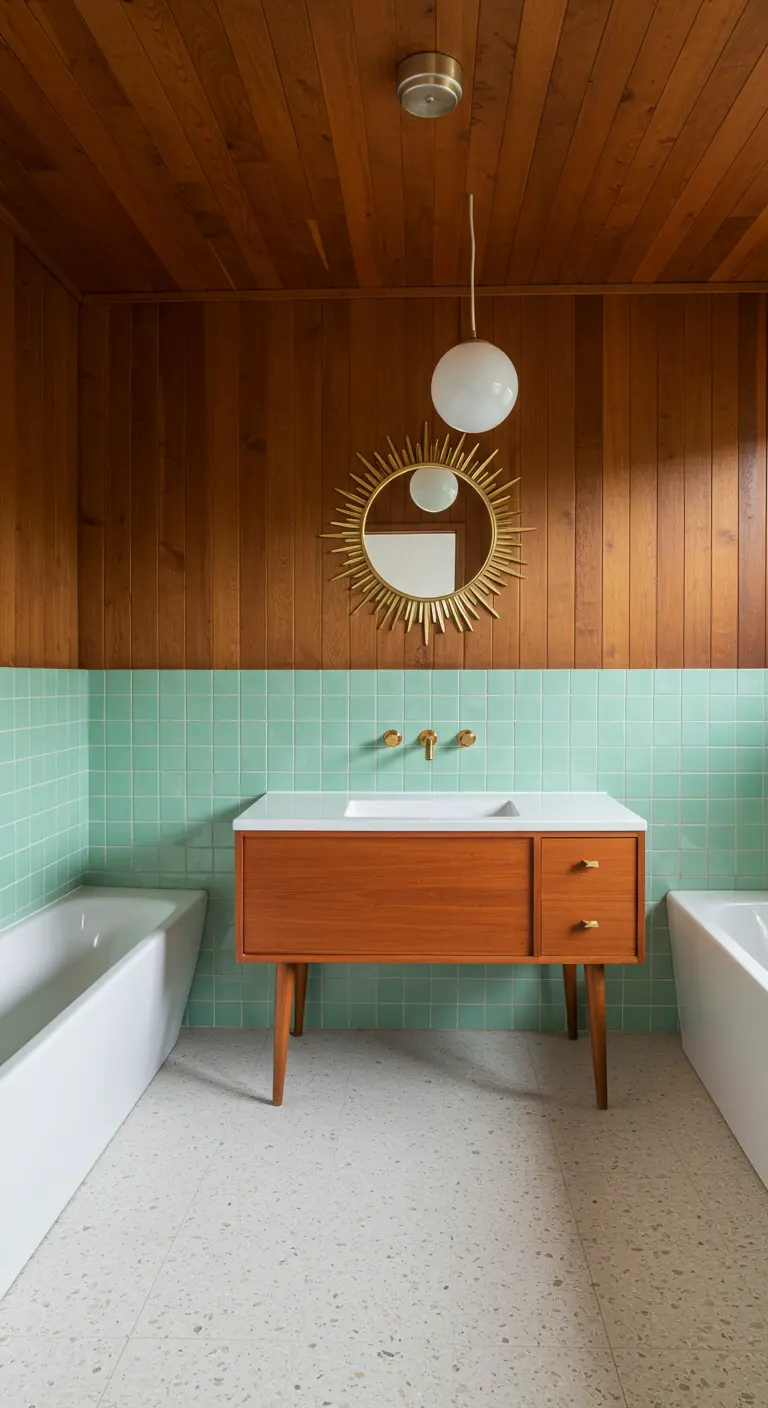 Badkamer in Mid-Century stijl met houten wanden en mintgroene tegels.