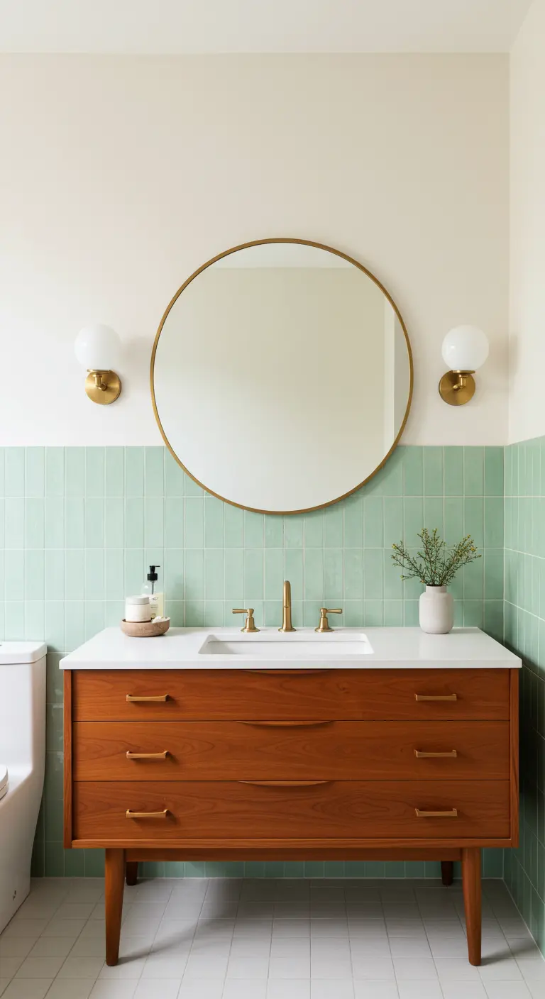 Badkamer in mid-century stijl met mintgroene tegels en een houten dressoir als wastafelmeubel.