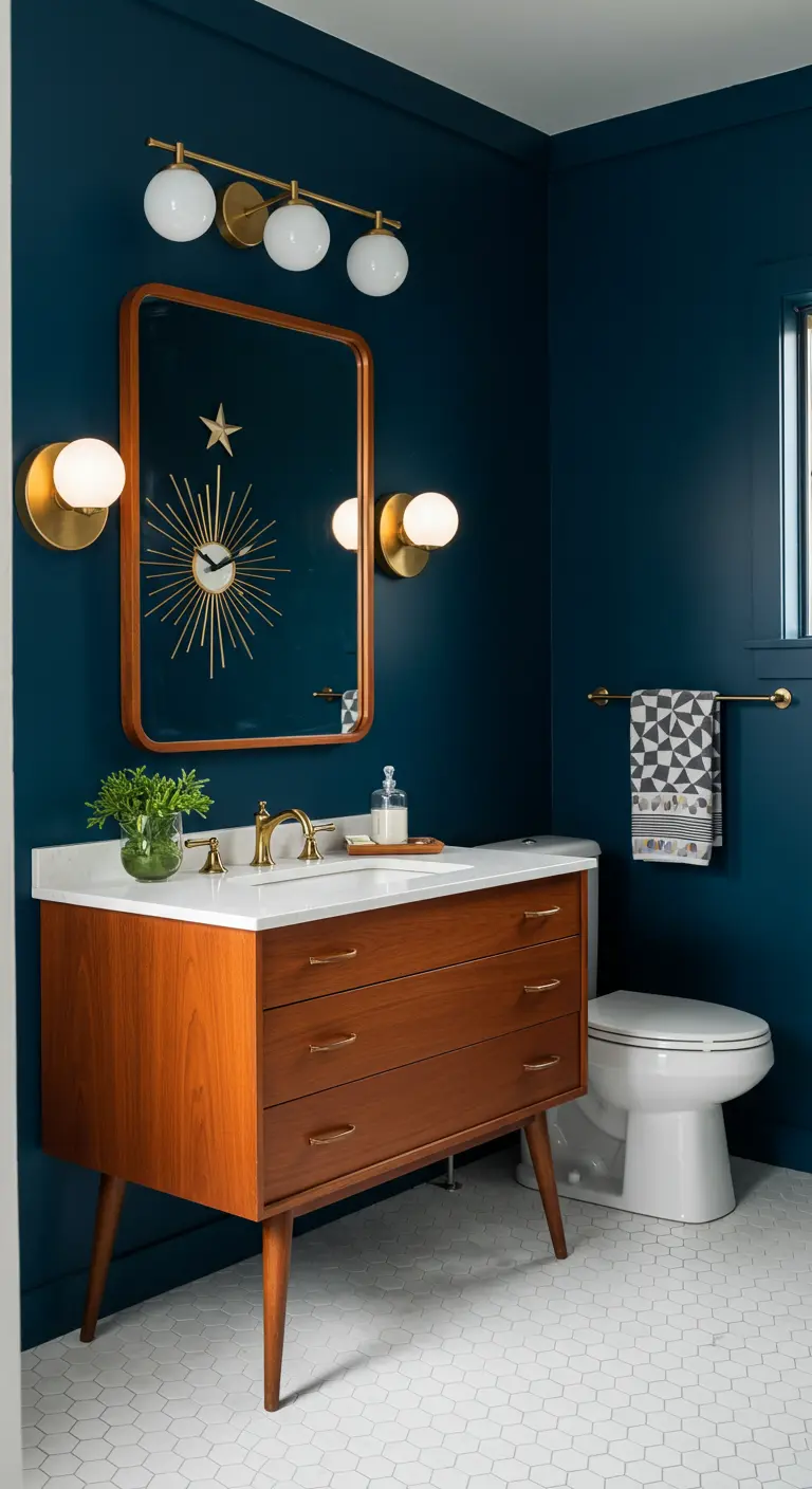 Badkamer in mid-century stijl met diepblauwe muren, een houten meubel en goudkleurige lampen.