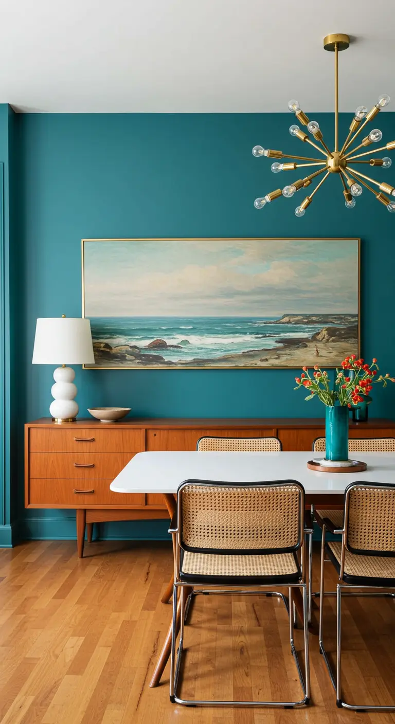 Mid-century eetkamer met zeegezicht schilderij, houten dressoir en rotan stoelen.