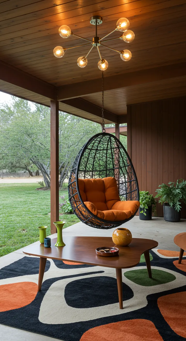 Zwarte hangstoel op een veranda in Mid-century-stijl met een sputnik-lamp en retro vloerkleed.