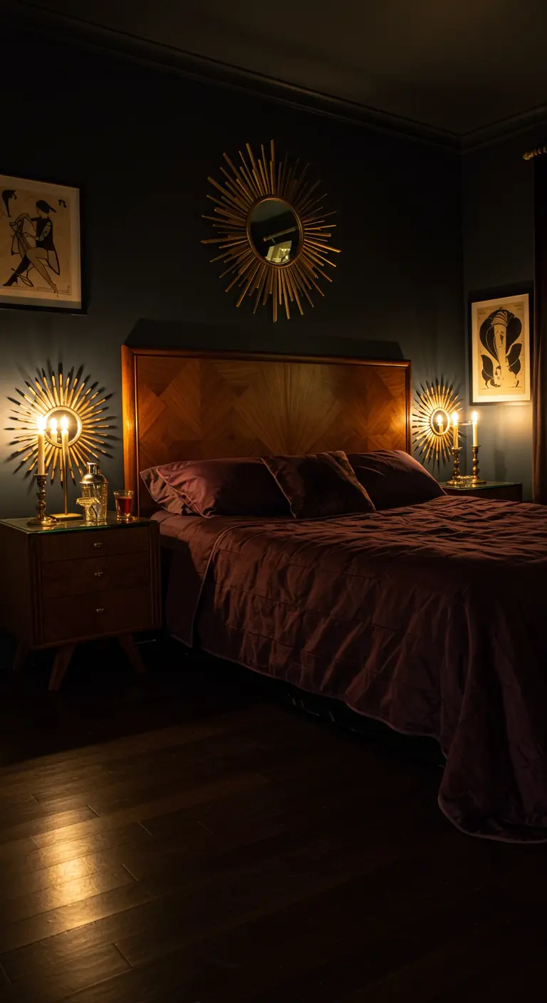 Donkere slaapkamer met paars beddengoed, mid-century meubels en gouden spiegels.