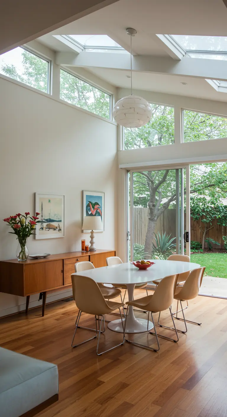 Mid-century modern eetkamer met houten meubels, een tulp-tafel en hoge, schuine ramen.