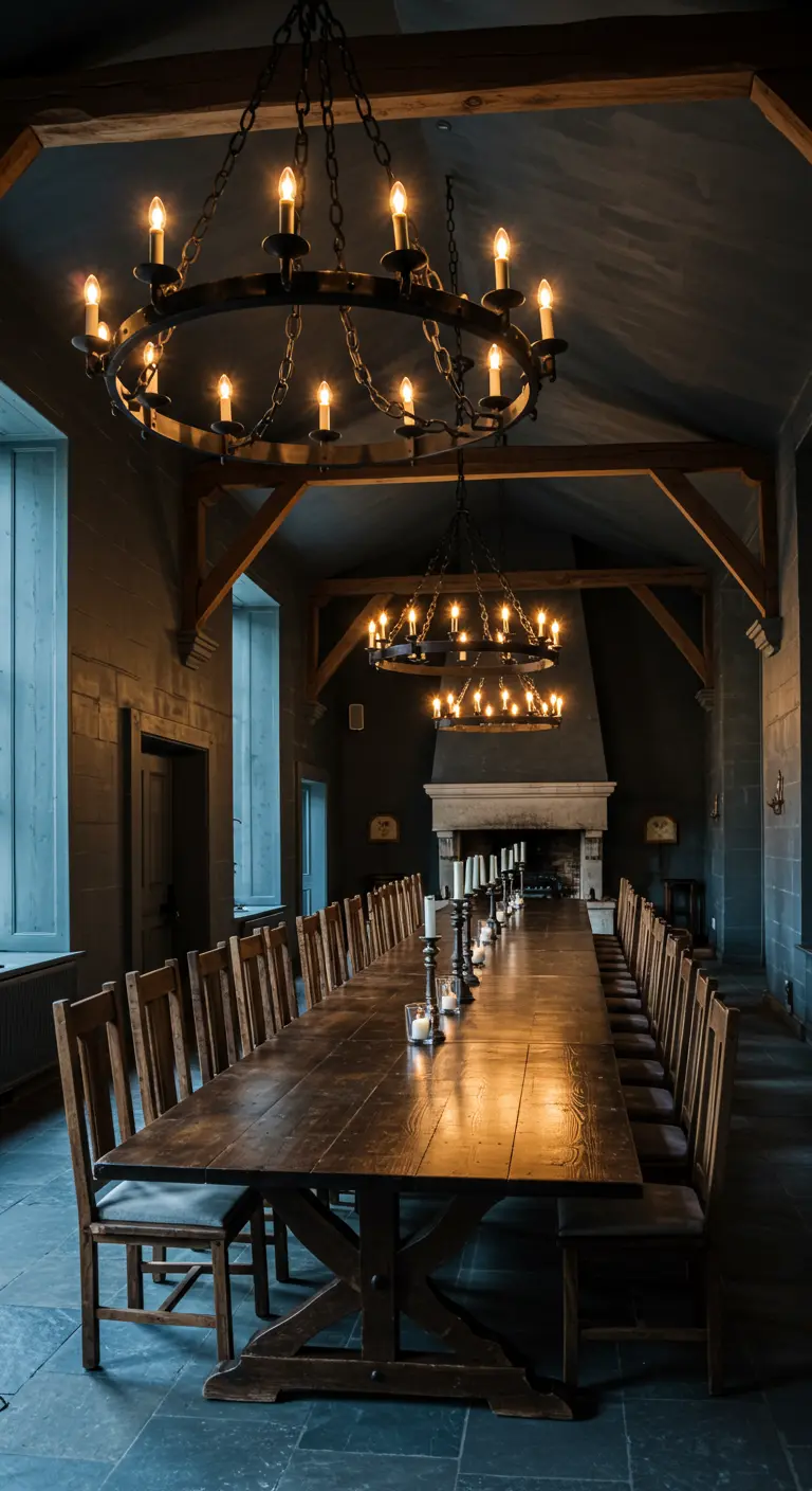 Grote, kasteelachtige eetzaal met stenen muren, lange houten tafels en smeedijzeren kroonluchters.