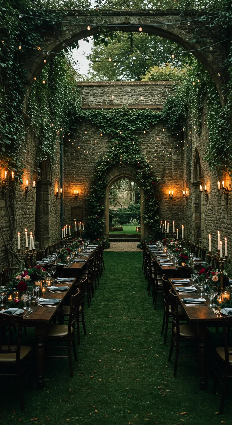 Diner bij kaarslicht in een klimop begroeide kasteelruïne, lange tafels met donkere bloemen en kaarsen.