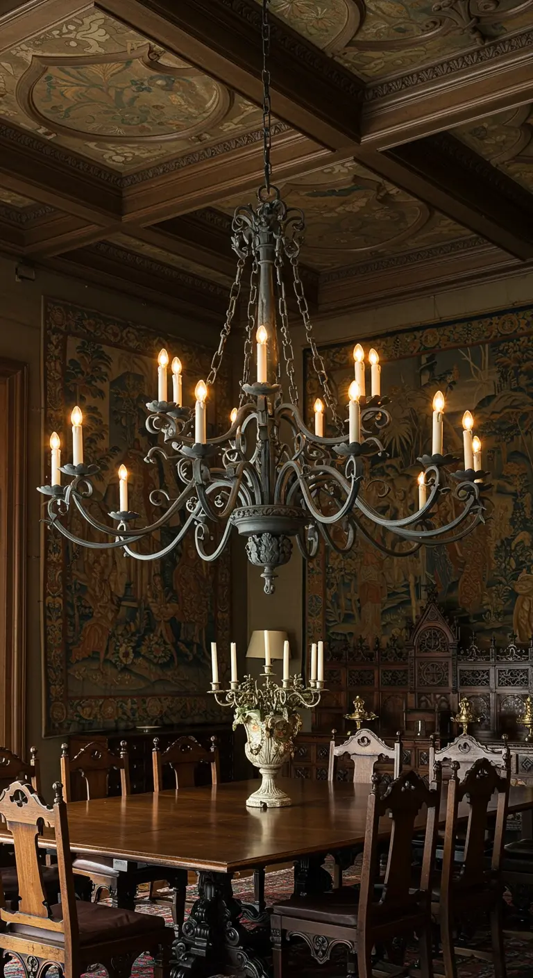 Klassieke eetkamer met een grote smeedijzeren kroonluchter in de stijl van een kandelaber.