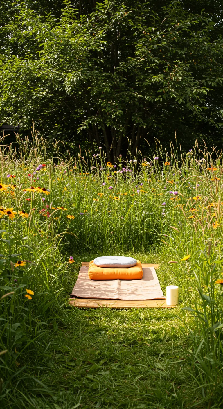 Meditatieplek met kussens op een houten plank, midden in een veld vol wilde bloemen.