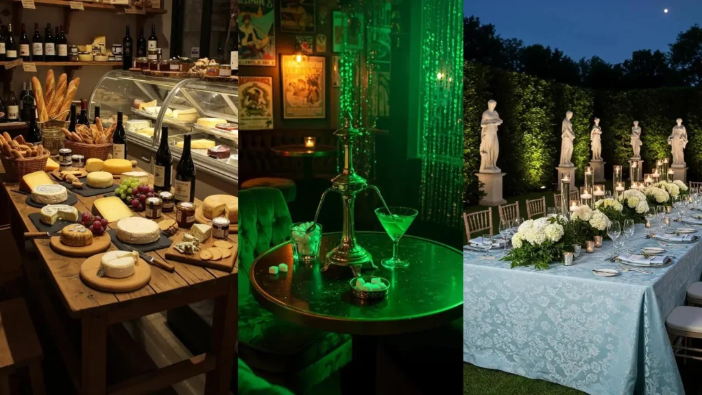 Sfeervolle Franse tafels vol kaas en wijn, een mysterieuze absintbar en een elegante diner setting bij middernacht.