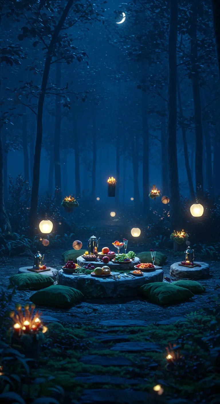 Nachtelijke picknick in het bos met zwevende lichtbollen en kussens.