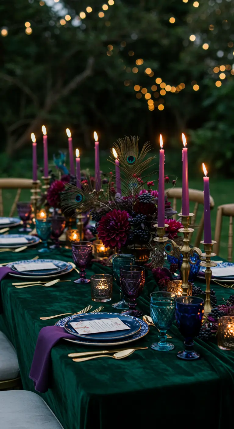 Donkergroene fluwelen tafel met paarse kaarsen, gekleurd glas en pauwenveren.