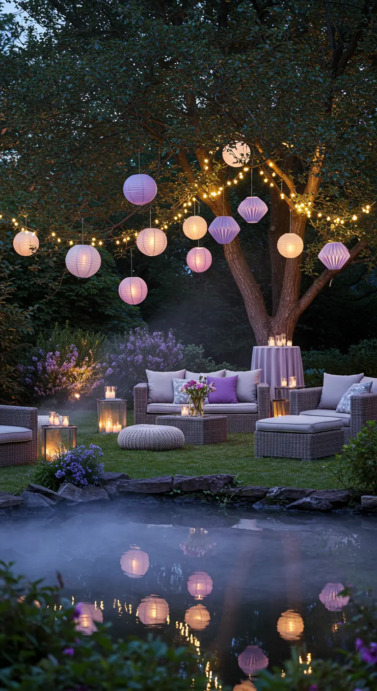 Tuinfeest bij een vijver met paarse lampionnen, lichtjes en loungebanken.
